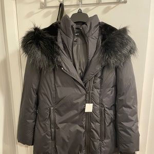 DKNY Faux Fur Trim Asymmetrical Puffer Coat